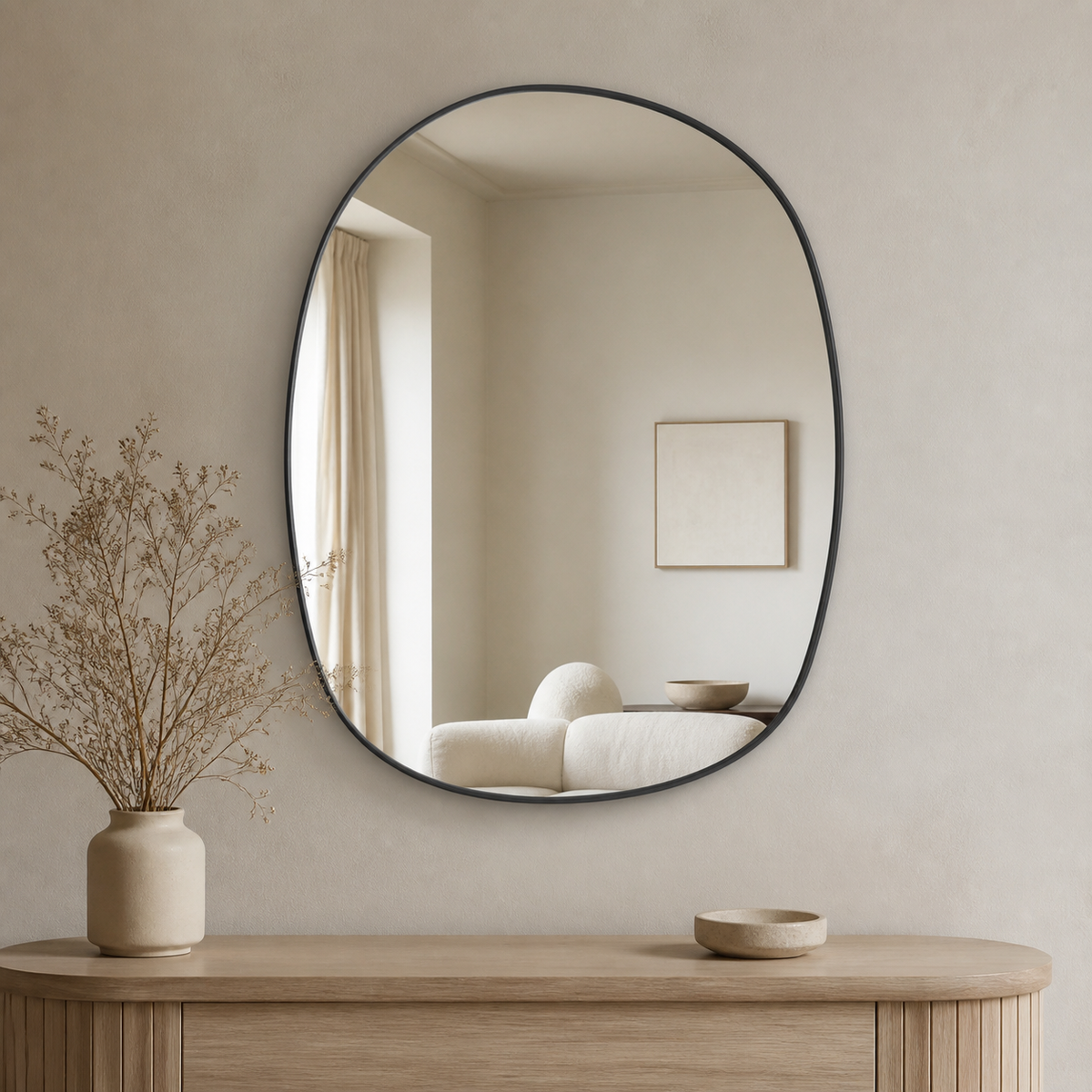 Organic mirror in a warm Scandinavian interior