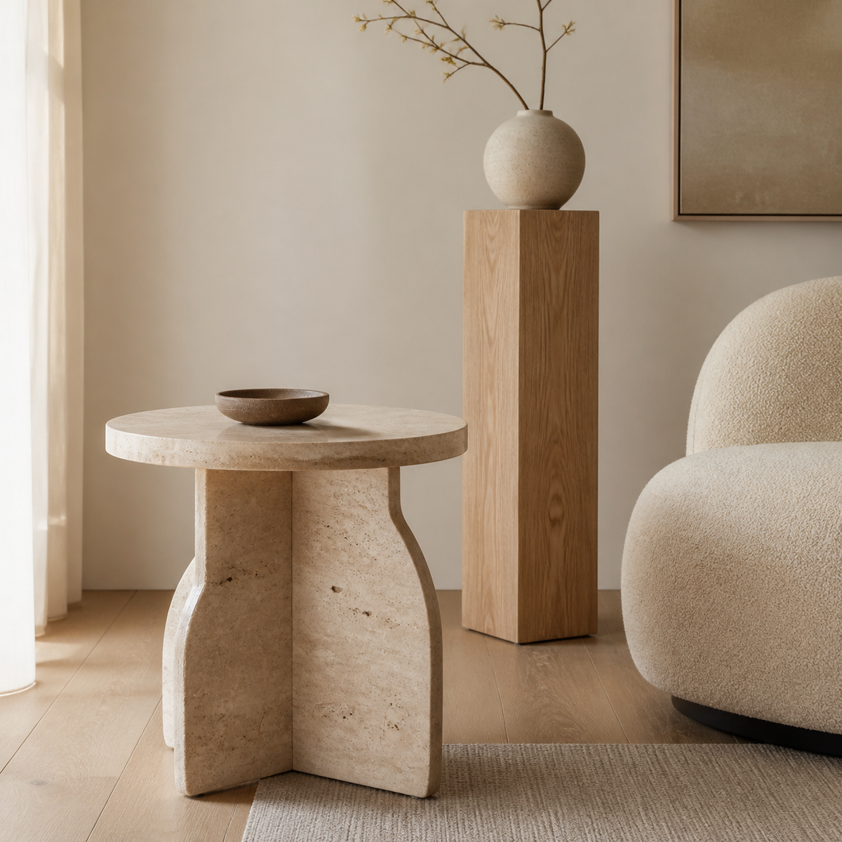 Travertine table and pale oak stand