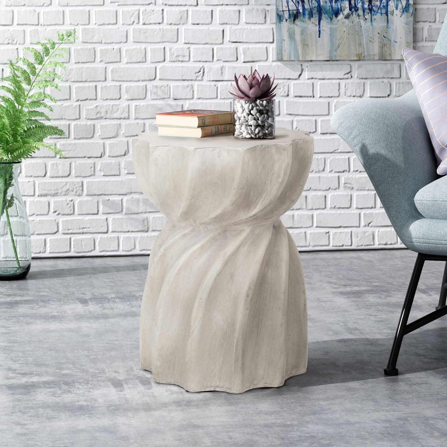 Sculptural hourglass side table in stone grey
