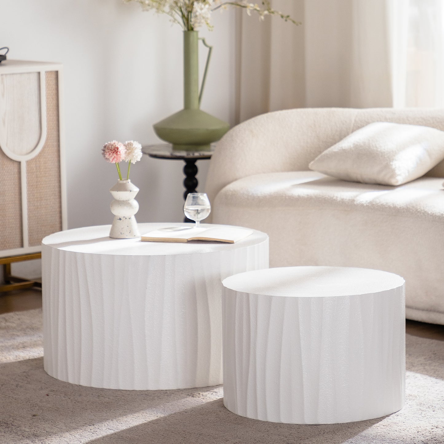 Fluted nesting coffee table set in cream white
